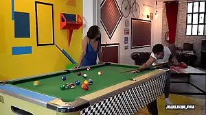 Young Latina teen gets wild with a big black cock on the pool table