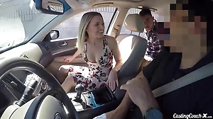 Aubrey Sinclair's risky audition concludes with a dramatic facial orgasm in a car