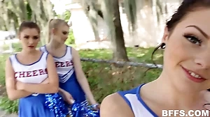 Cheerleaders engage in a raunchy group encounter with numerous participants